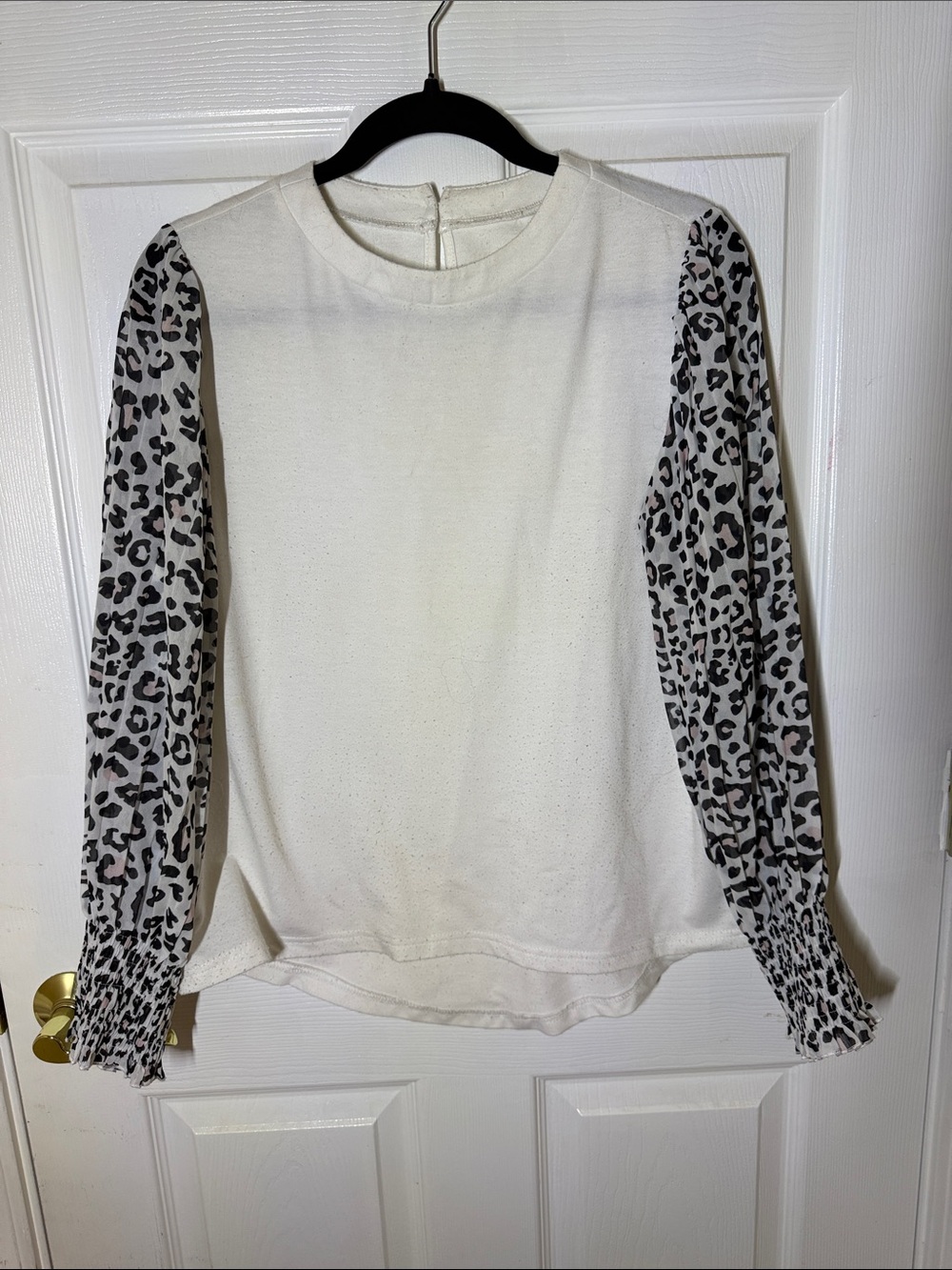 White Long-Sleeve Top with Leopard Print Sleeves